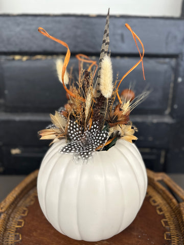 White Pumpkin Arrangement - Pheasant Feather Flower