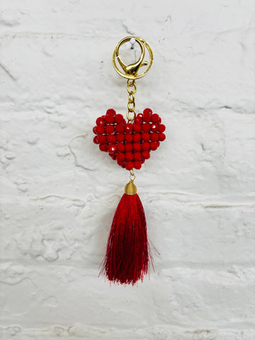 Red Heart Beaded Keychain With Tassel
