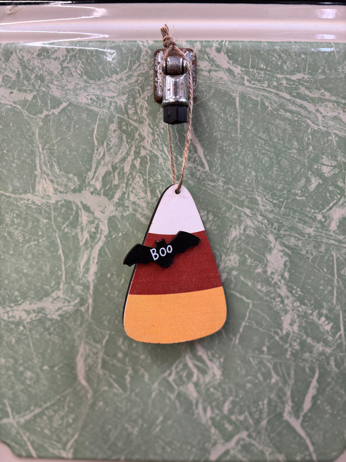 Candy Corn With Boo Bat Wooden Ornament