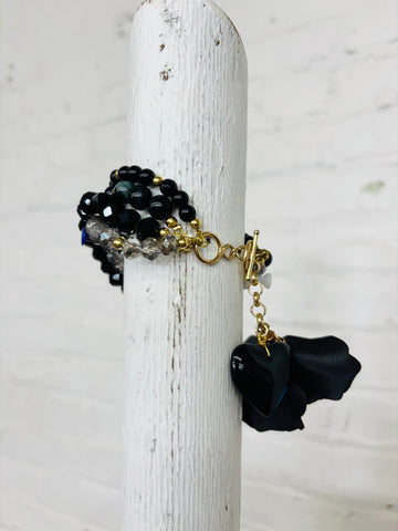 Multi Strand Black Beaded Bracelet - Heart + Flower
