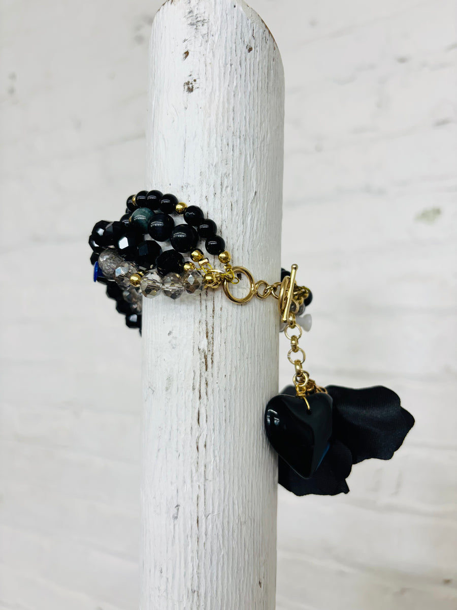 Multi Strand Black Beaded Bracelet - Heart + Flower