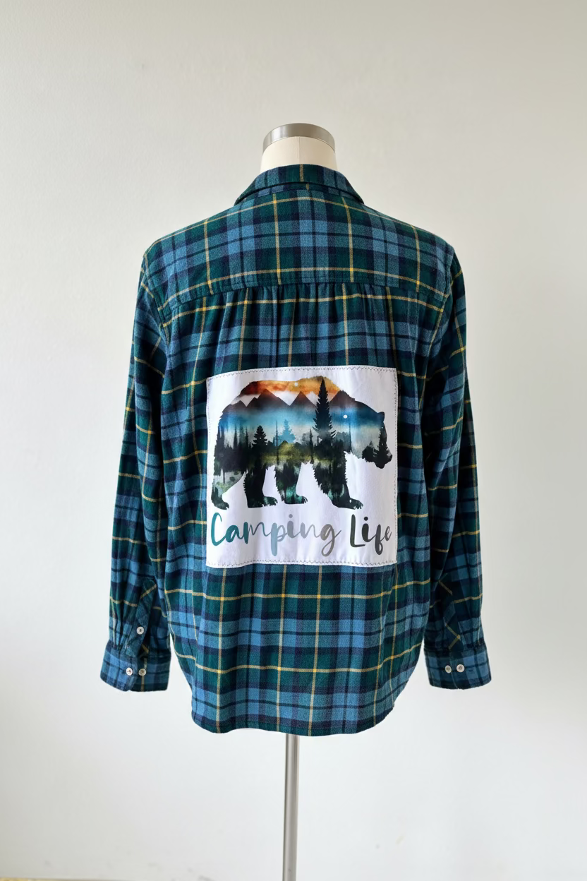 Repurposed Flannel Shirt with Camping Life Patch