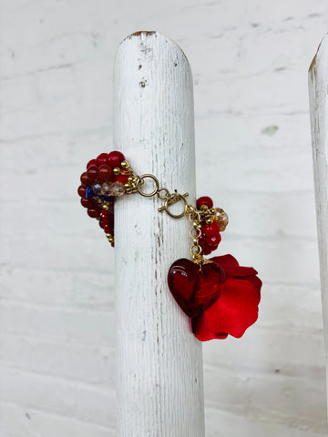 Multi Strand Red Beaded Bracelet - Heart + Flower