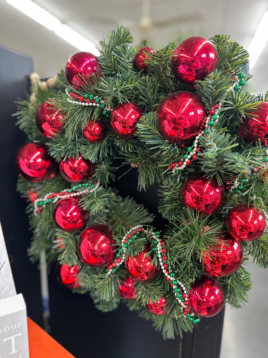 Red Baubles + Beads Wreath