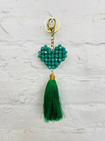 Green Heart Beaded Keychain With Tassel