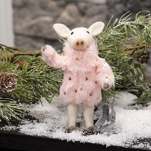 Pink Fur Skater Mouse Felted Ornament