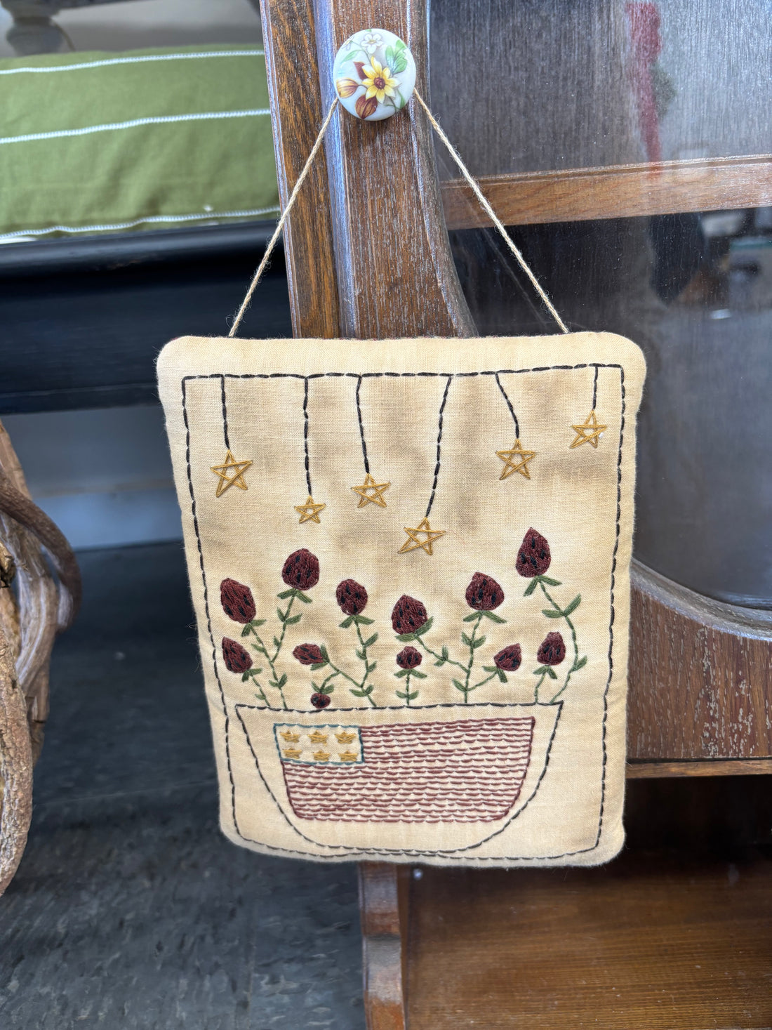 Handmade Strawberries + Flag Hanging Pillow