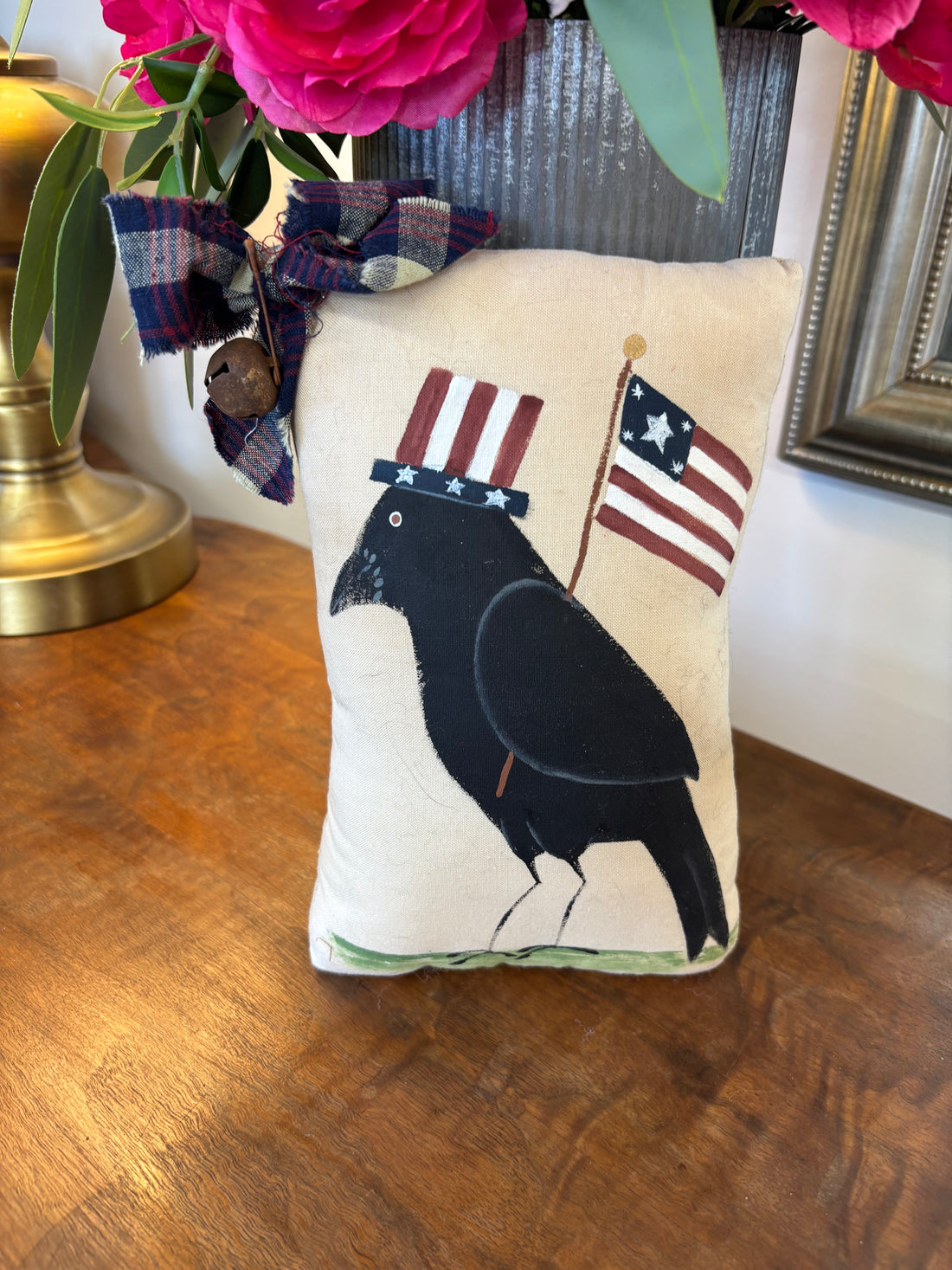 Patriotic Crow + Flag Pillow