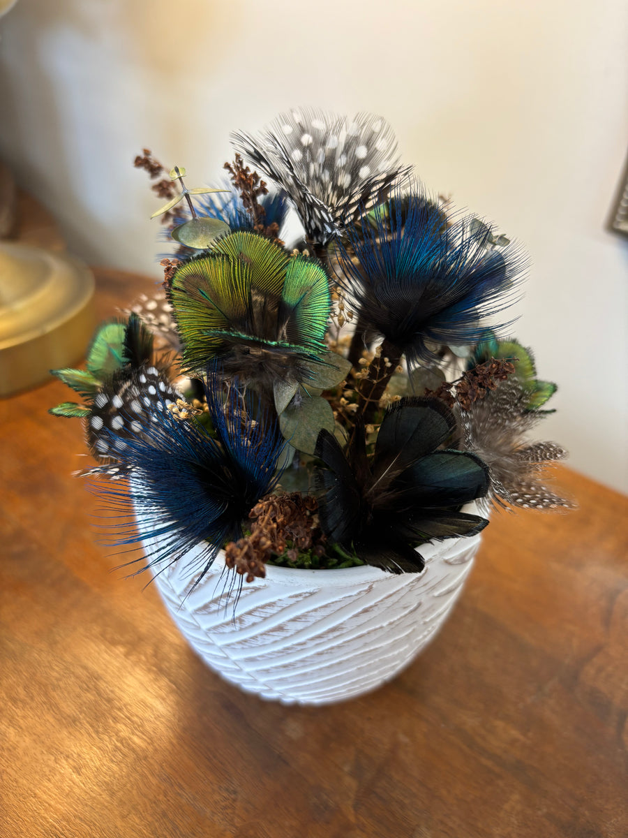 Pheasant + Duck + Guinea Fowl + Peacock Feather Flower Arrangement - White Leaf Pot