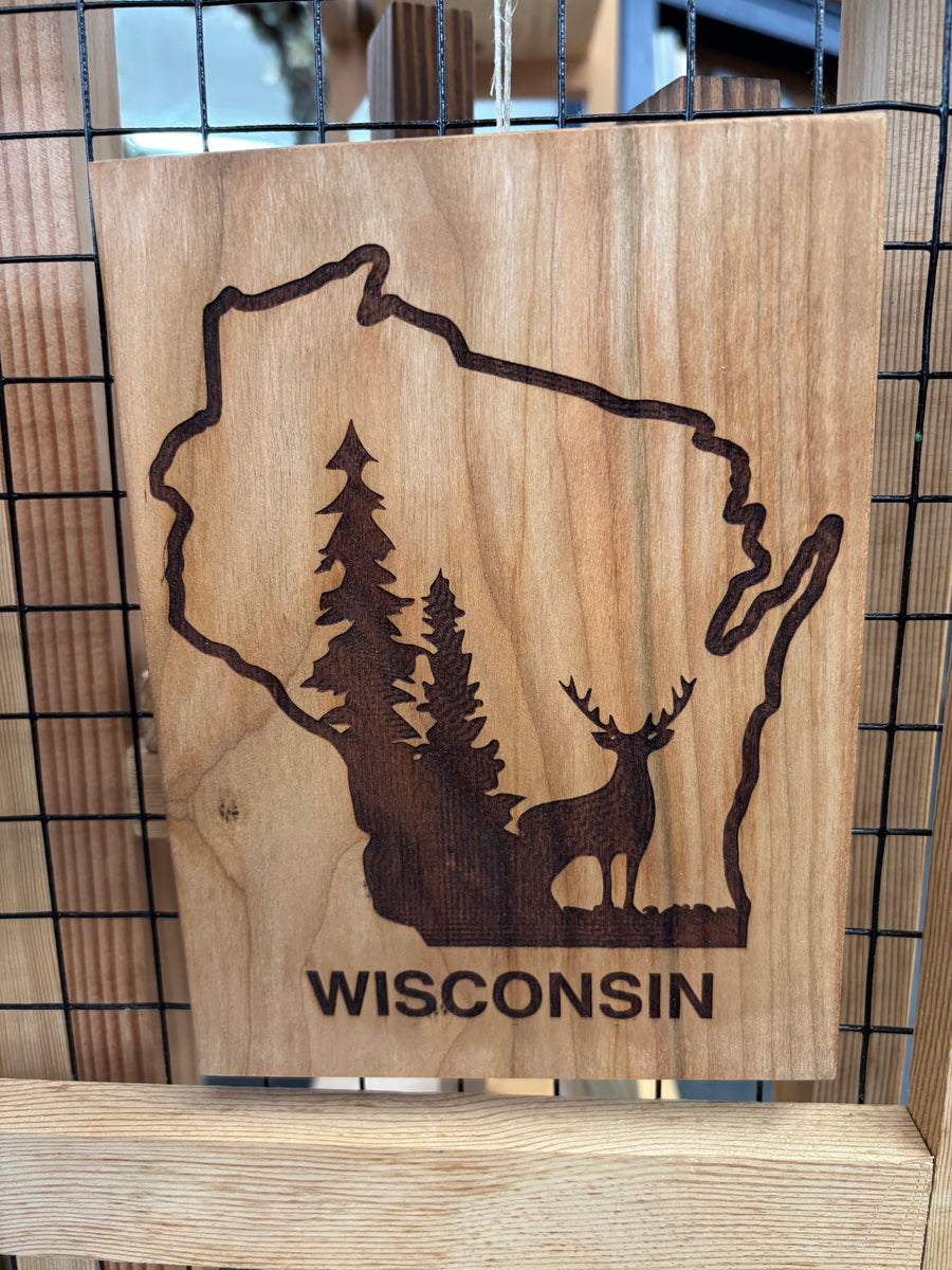 Wisconsin Deer In Woods Wooden Laser Sign