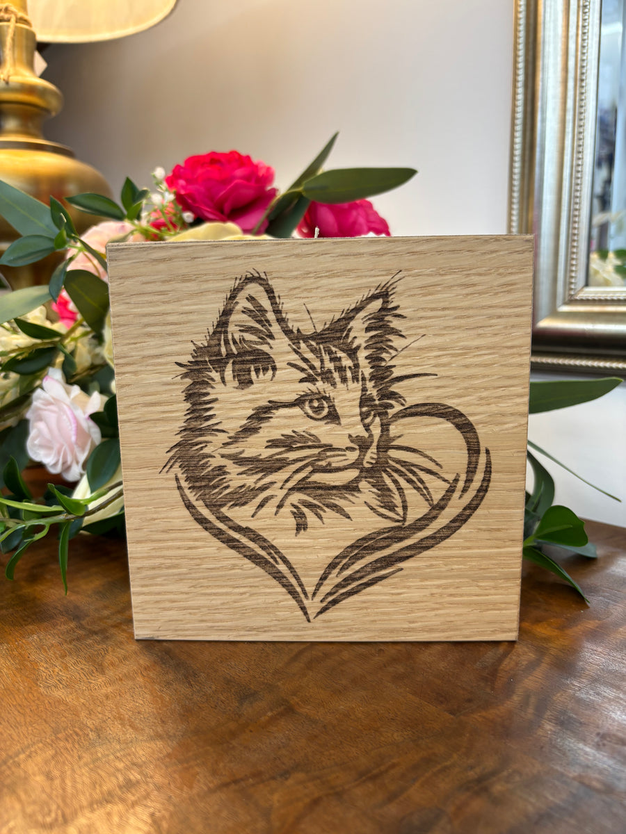 Cat + Heart Wooden Laser Sign