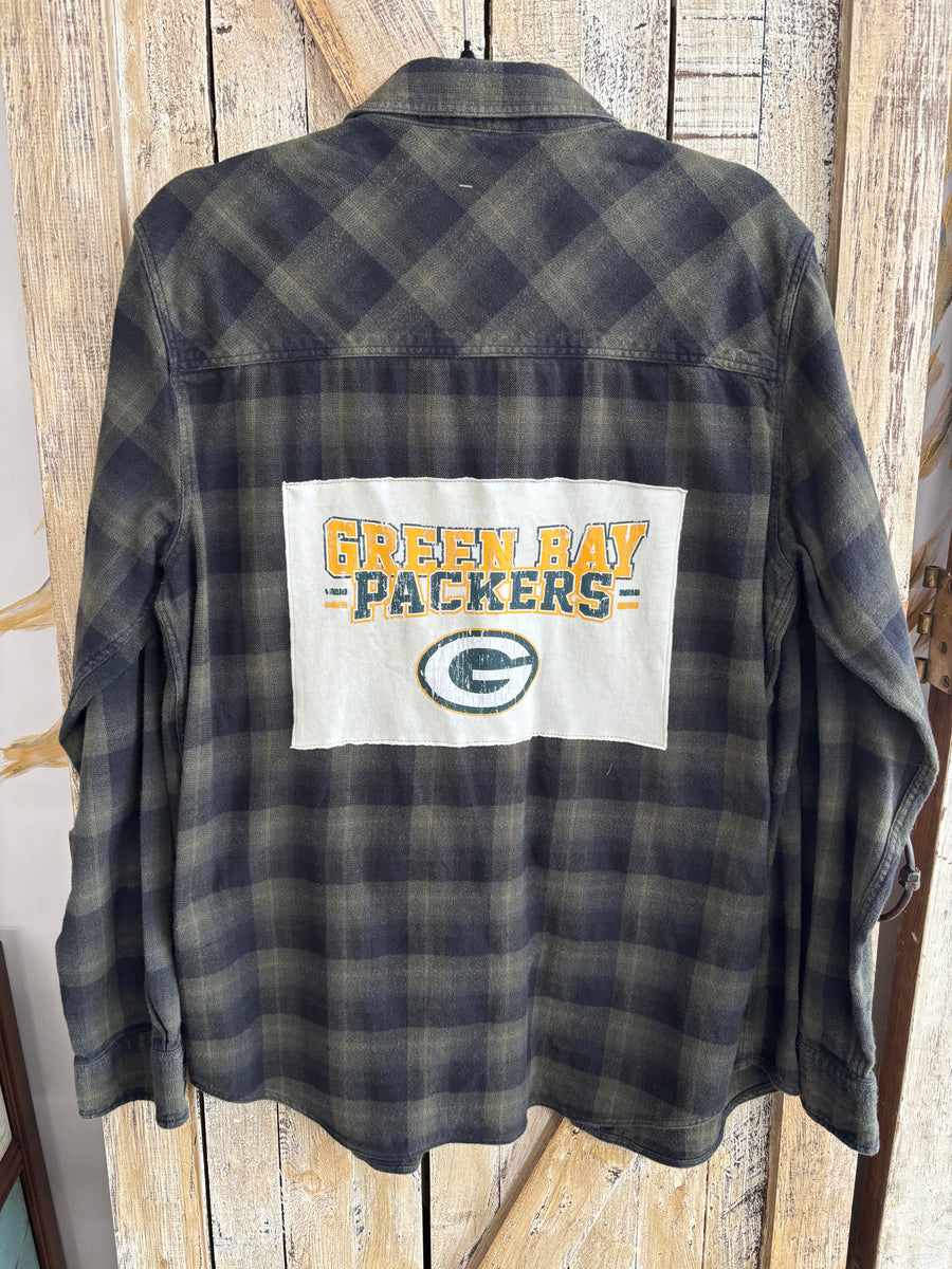 Repurposed Flannel Shirt with Green Bay Patch