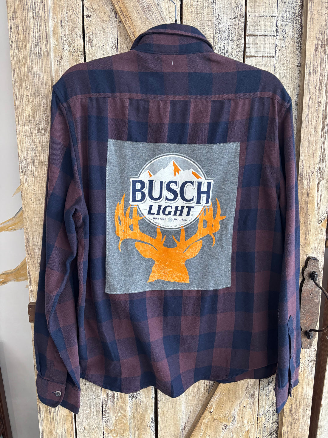 Repurposed Flannel Shirt with Busch Light Patch
