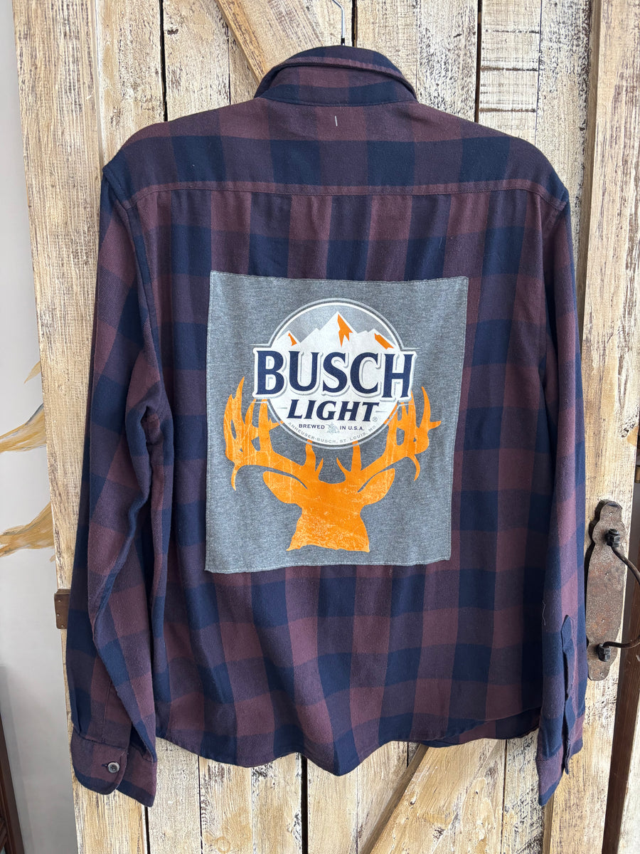 Repurposed Flannel Shirt with Busch Light Patch