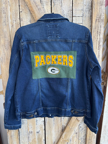 Repurposed Denim Jacket with Packers Patch