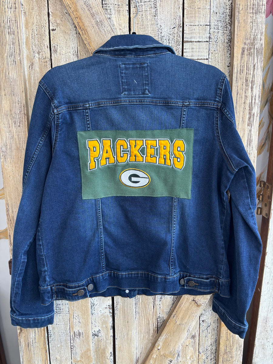 Repurposed Denim Jacket with Packers Patch
