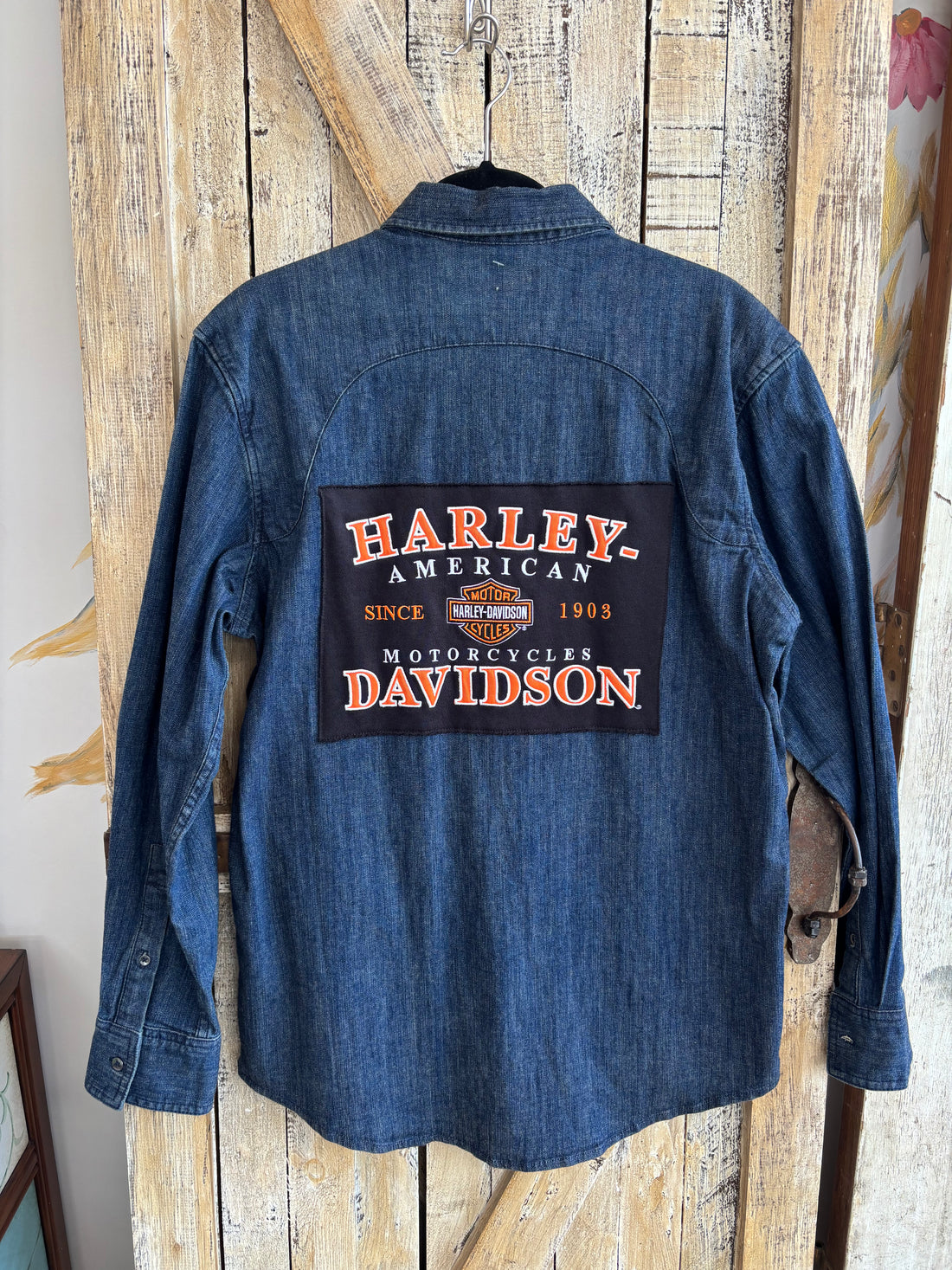 Repurposed Denim Shirt with Harley Patch