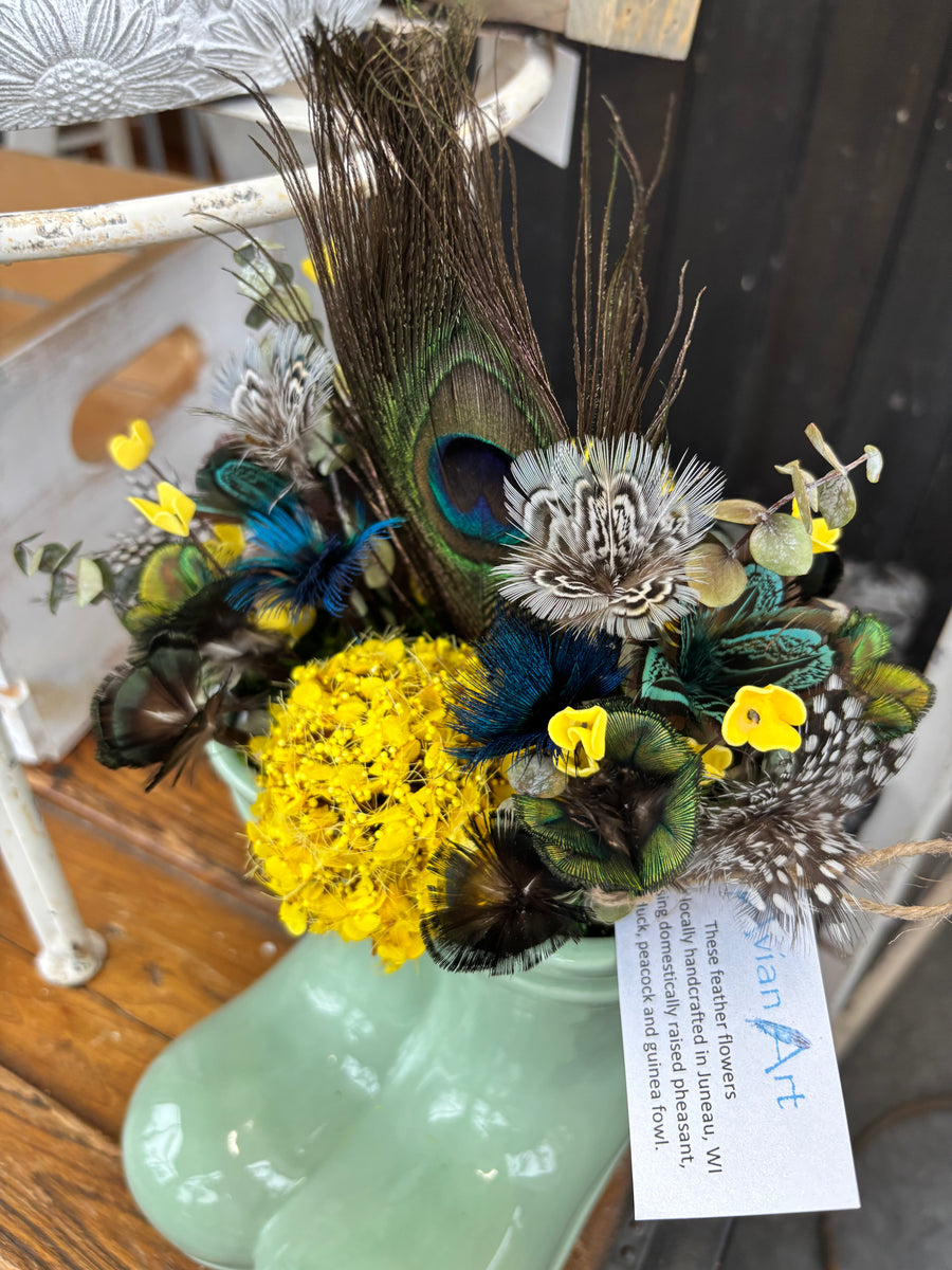 Pheasant + Duck + Peacock + Guinea Fowl Feather Flower Arrangement - Boots
