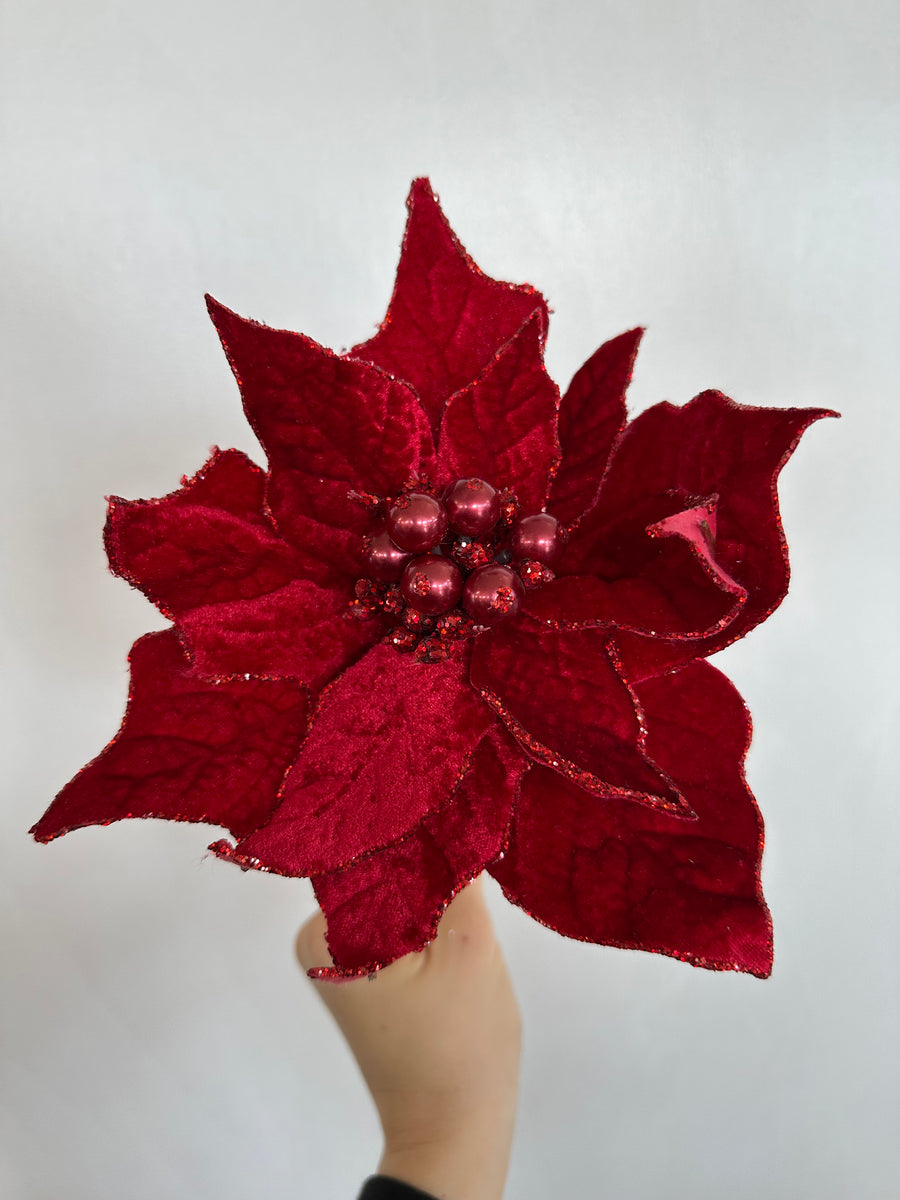 Glitter Poinsettia Pick - Red