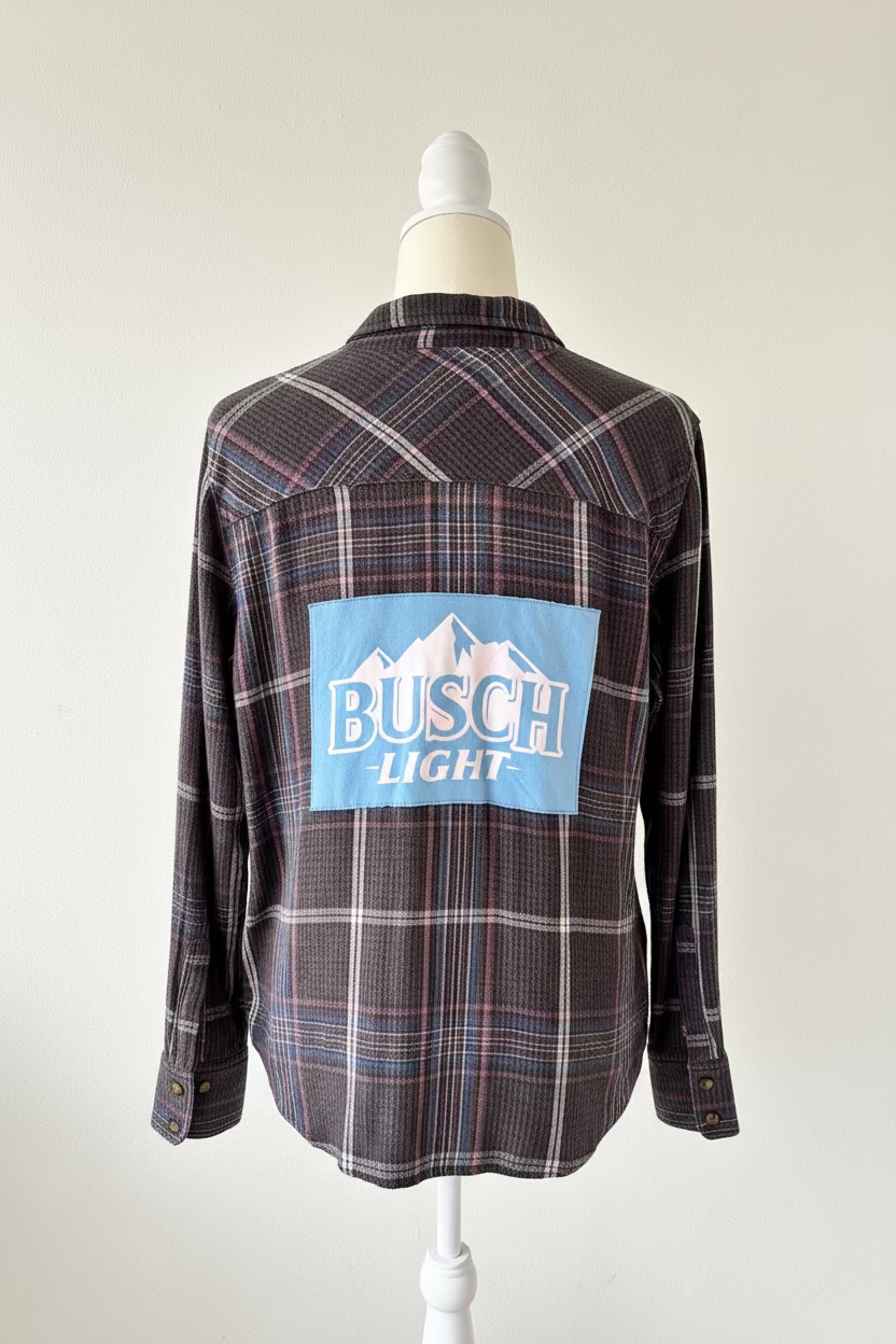 Repurposed Flannel Shirt with Busch Light Patch