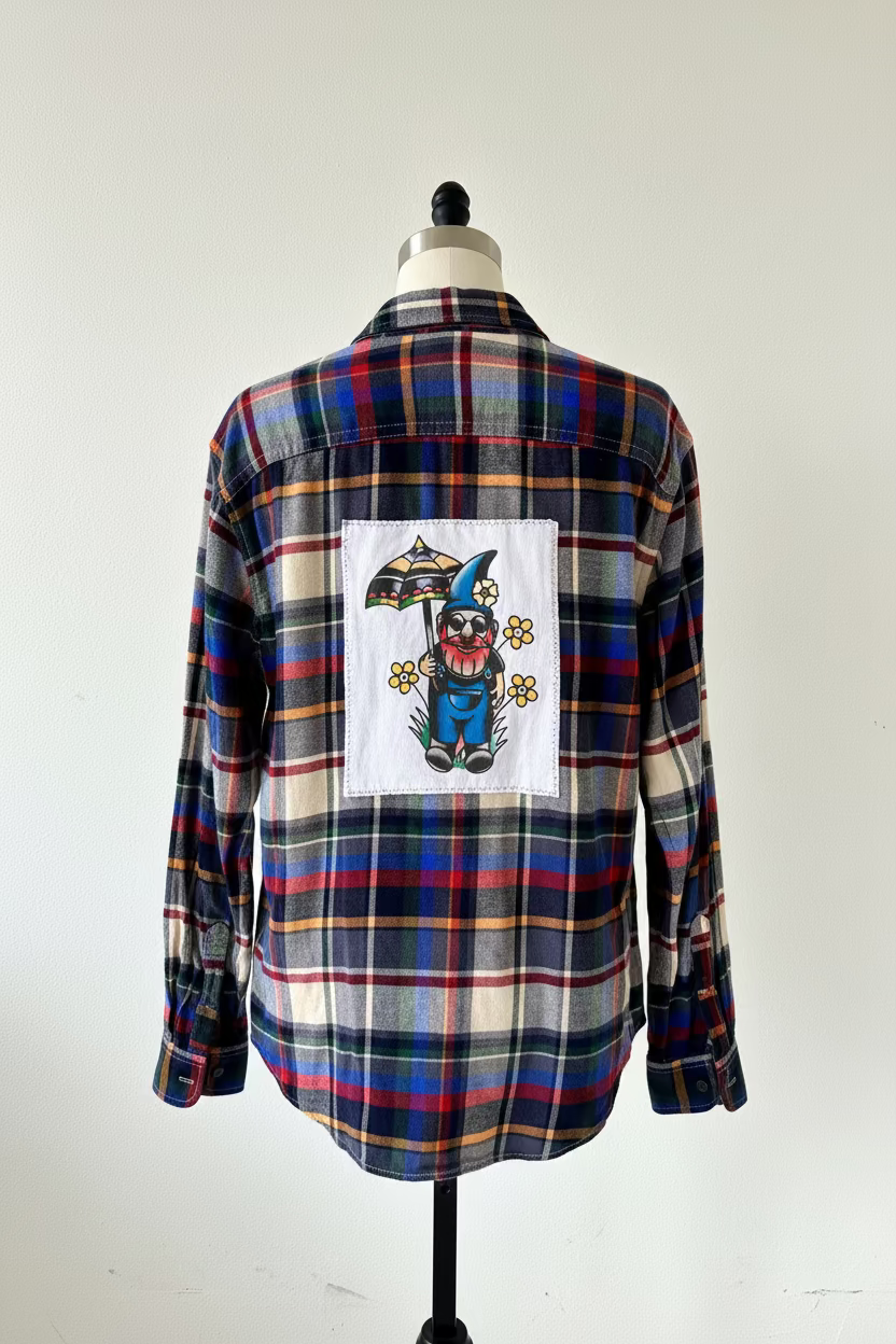 Repurposed Flannel Shirt with Umbrella Gnome Patch