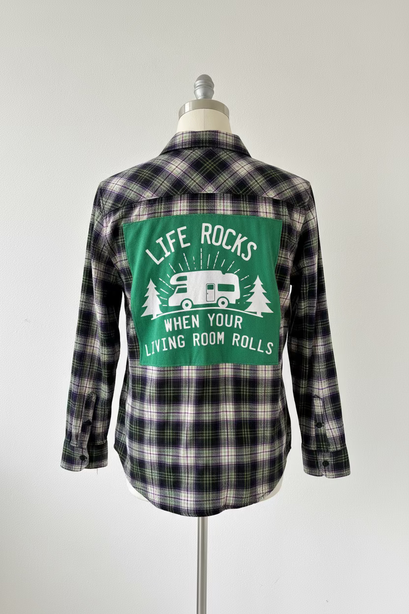 Repurposed Flannel Shirt with Life Rocks RV Patch