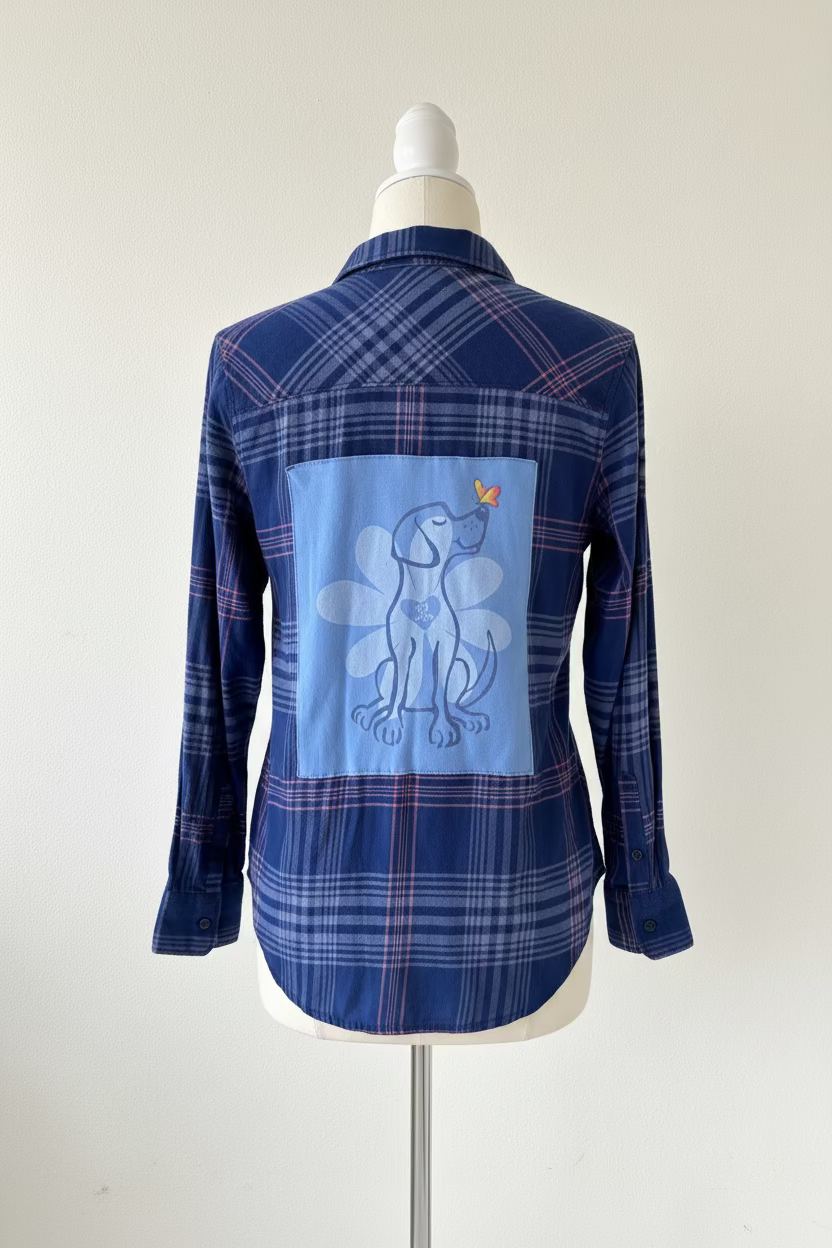 Repurposed Flannel Shirt with Dog + Butterfly Patch