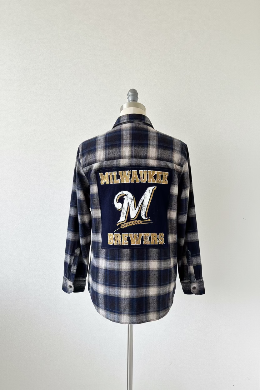Repurposed Flannel Shirt with Brewers Patch