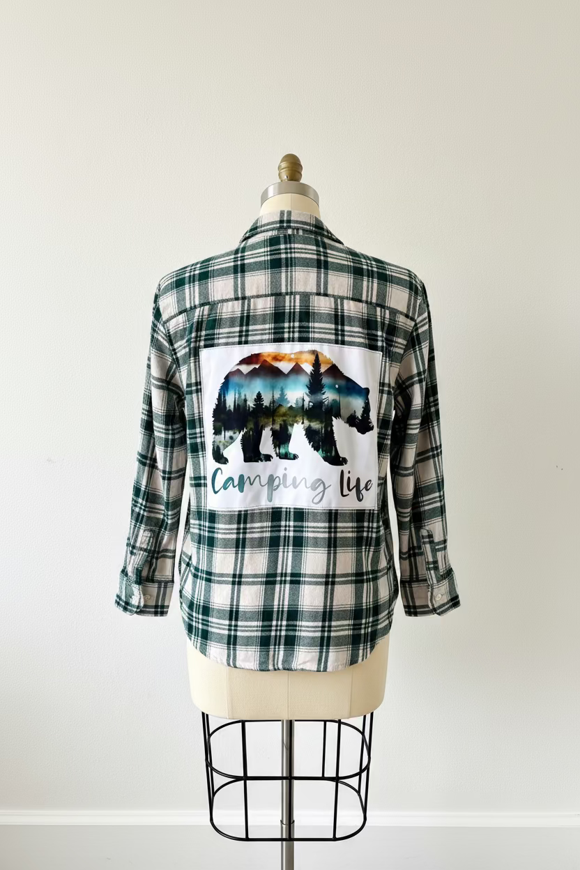 Repurposed Flannel Shirt with Camping Life Bear Patch
