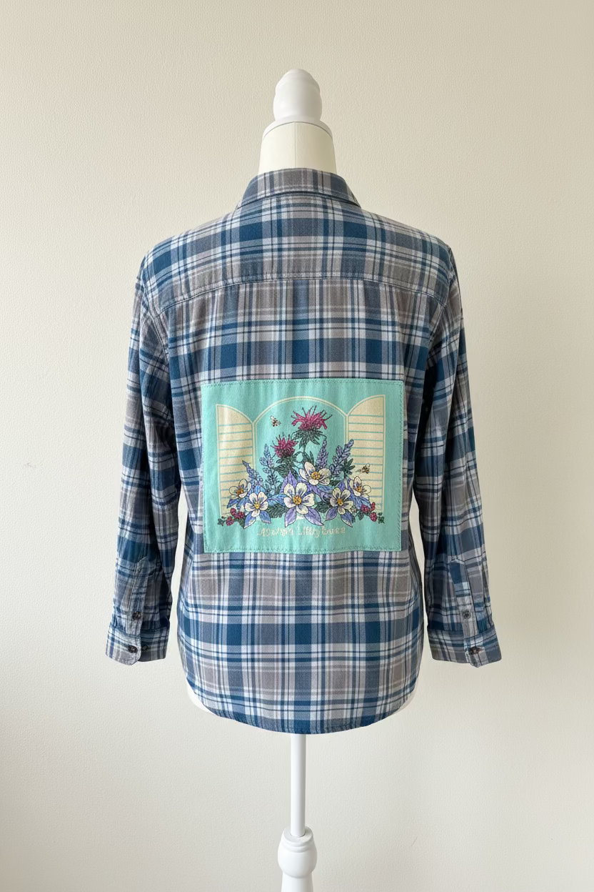 Repurposed Flannel Shirt with Wisconsin Wildflowers Patch