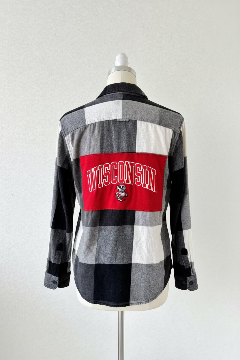 Repurposed Flannel Shirt with Wisconsin Patch