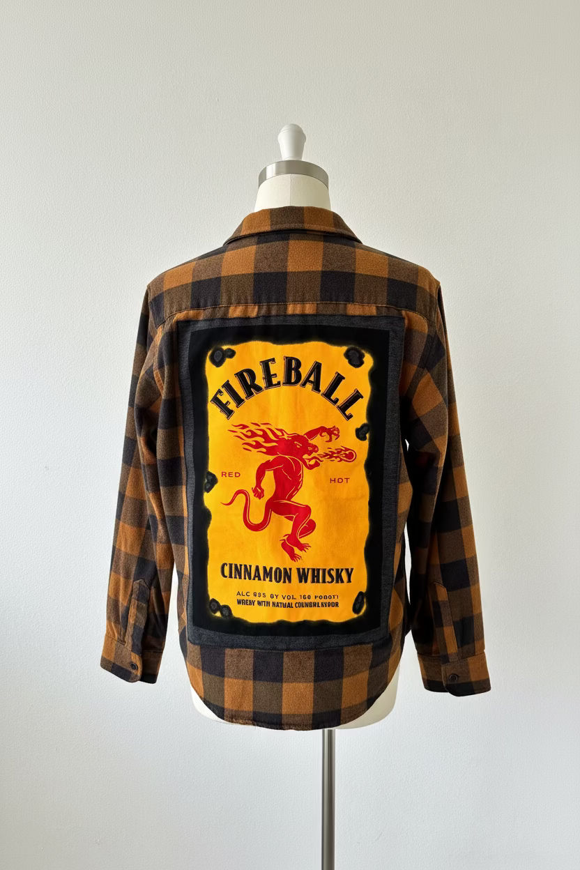 Repurposed Flannel Shirt with Fireball Patch