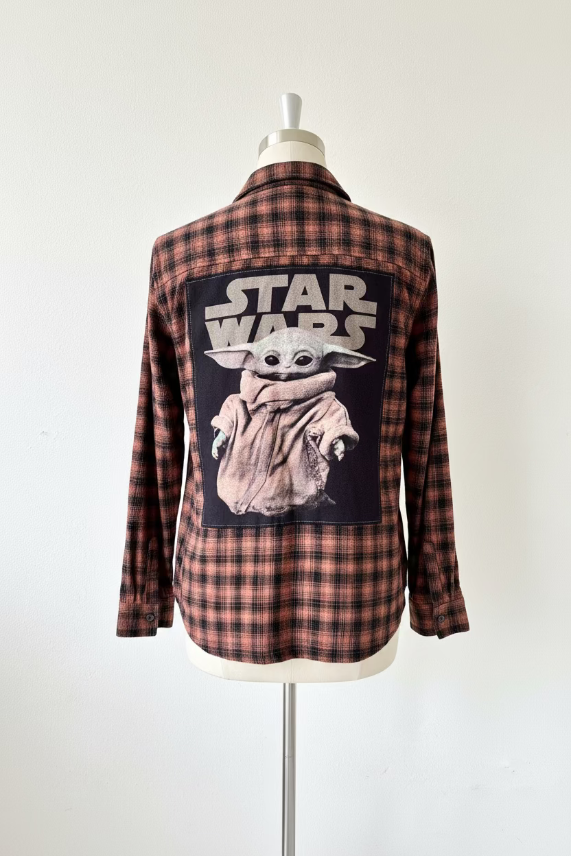 Repurposed Flannel Shirt with Baby Green Guy Patch