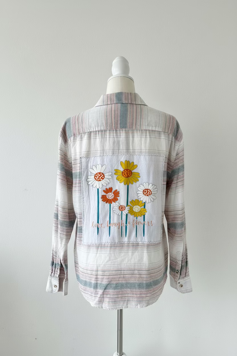 Repurposed Shirt with Love Laugh & Flowers Patch