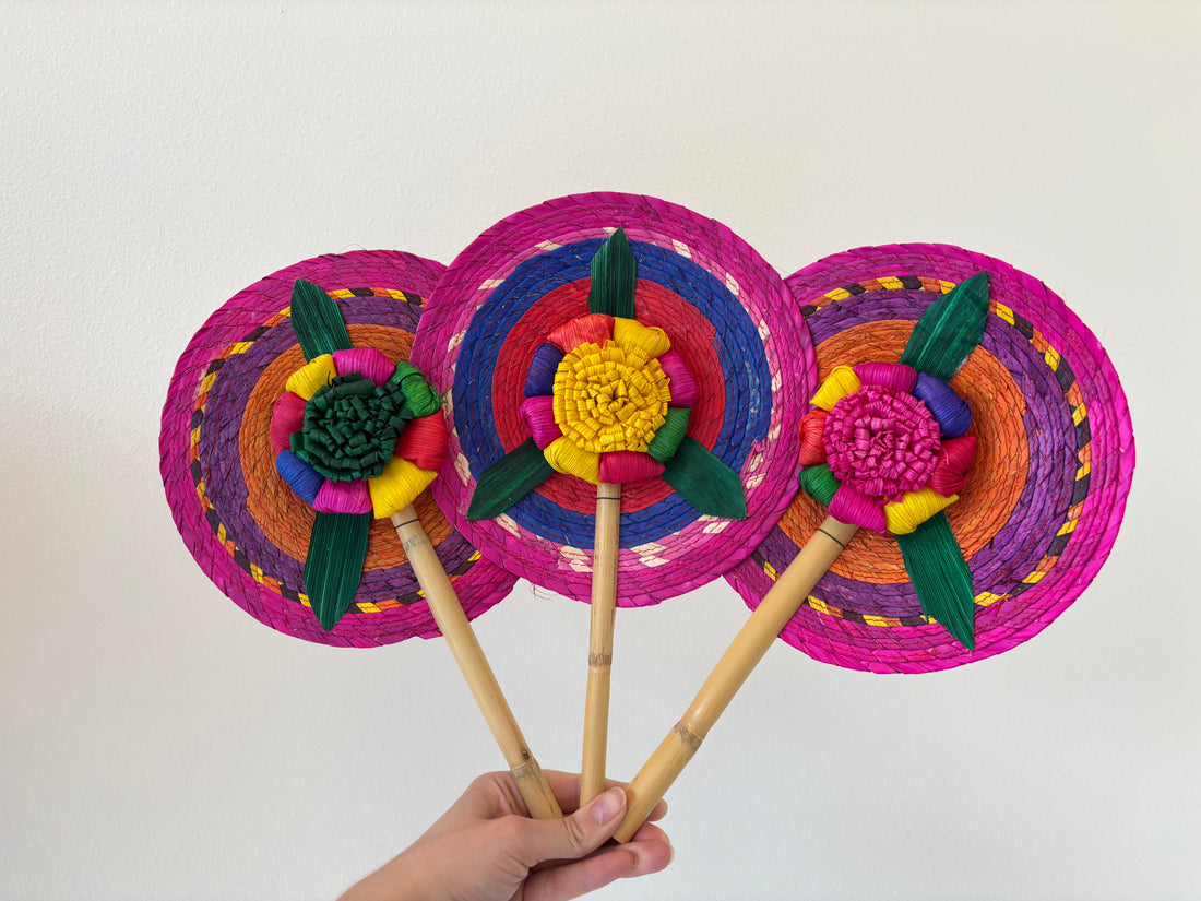 Hand-Woven Palm Leaf Fan - Pink