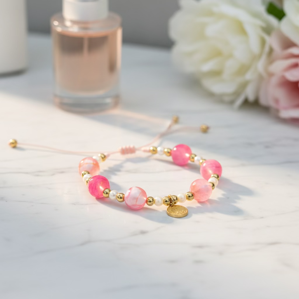 Adjustable Pink Beaded Charm Bracelet