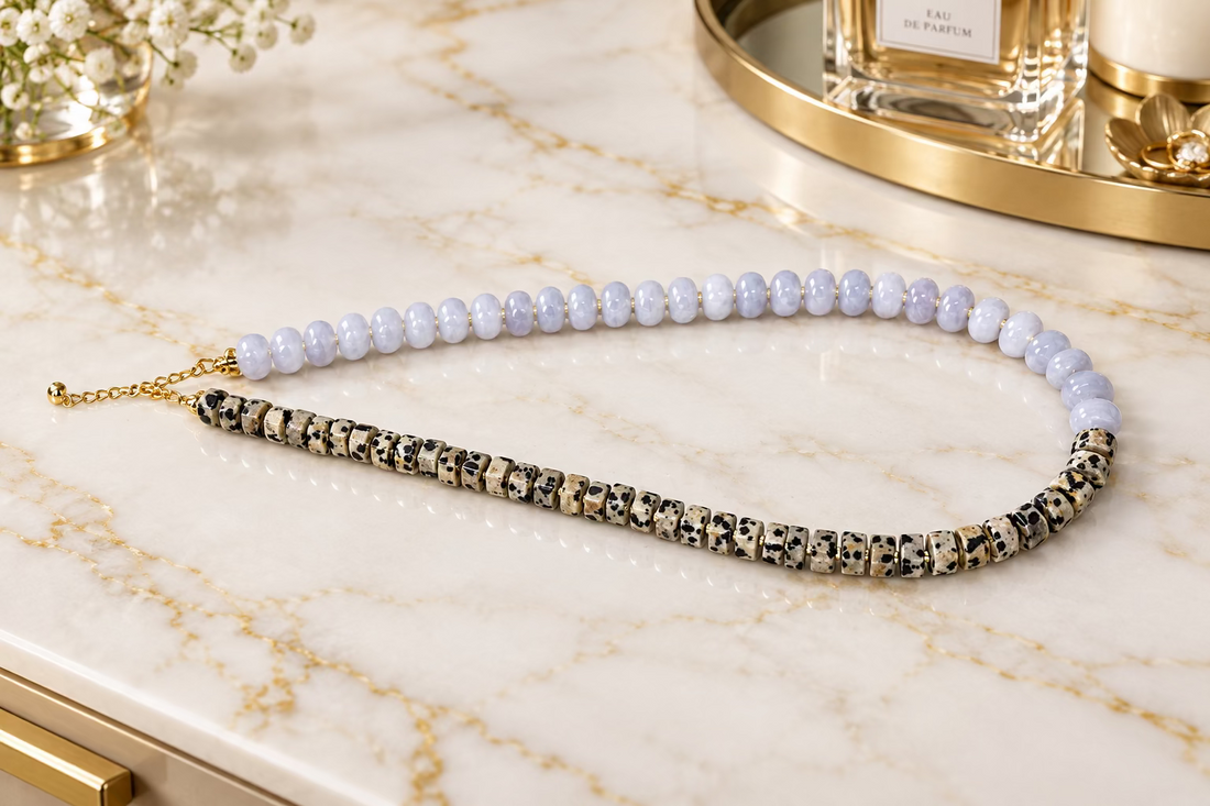 Beaded Necklace - Dalmatian Jasper + White