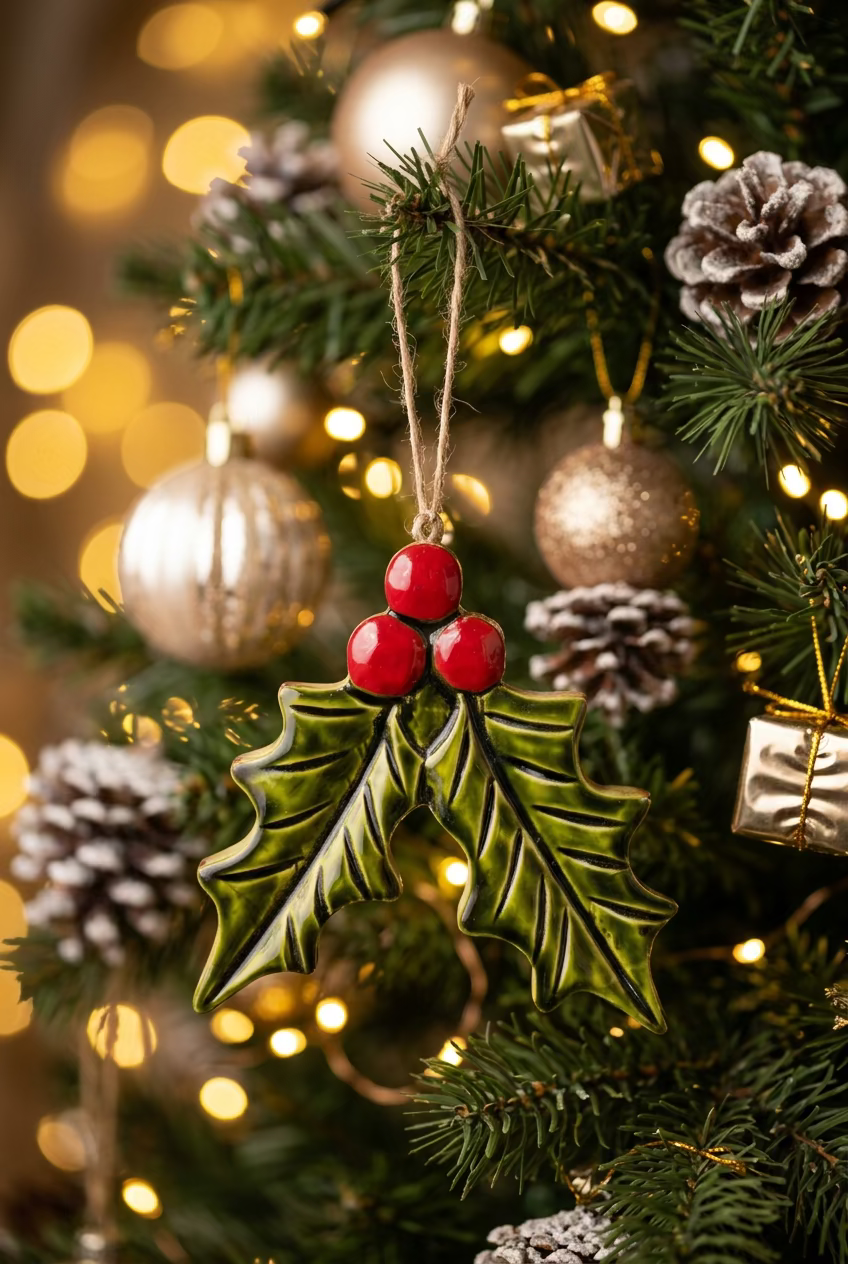 Wooden Holly Ornament