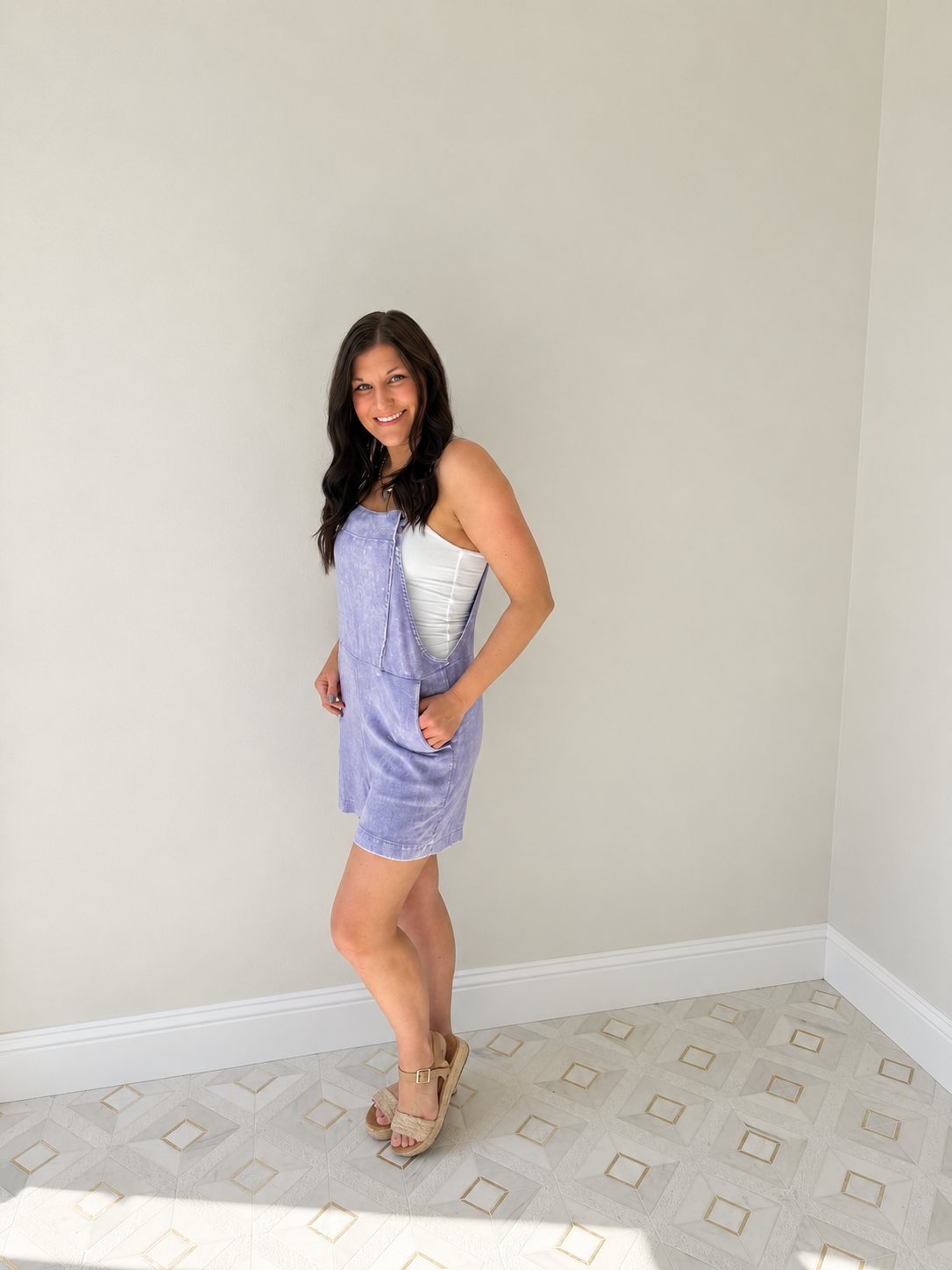 Washed Linen Knot Strap Rompers - Lavender