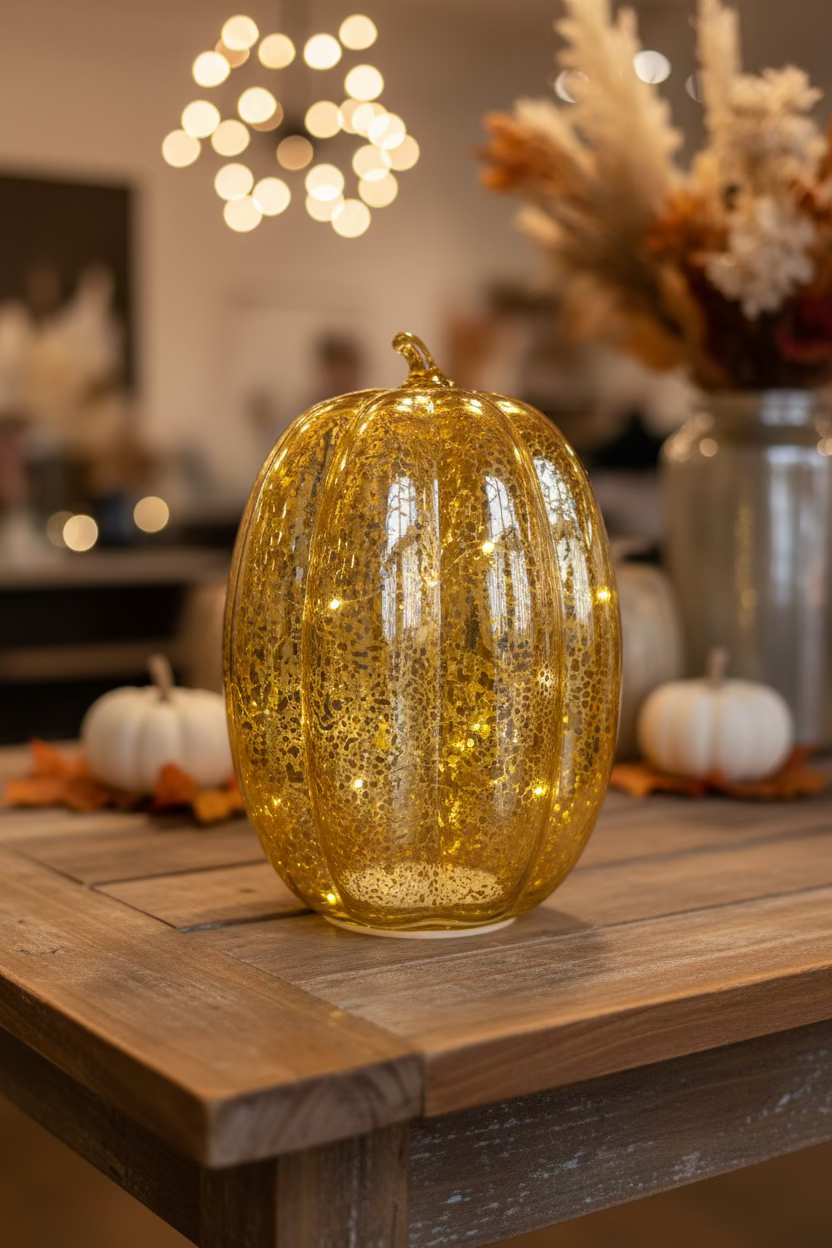Gold Crackle Glass LED Pumpkin - 8.5"