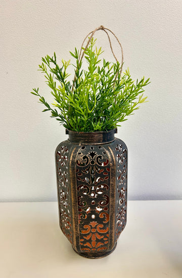 Filigree Lantern + Greens Arrangement
