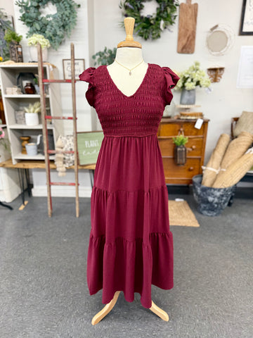 Flutter Sleeve Dress - Burgundy