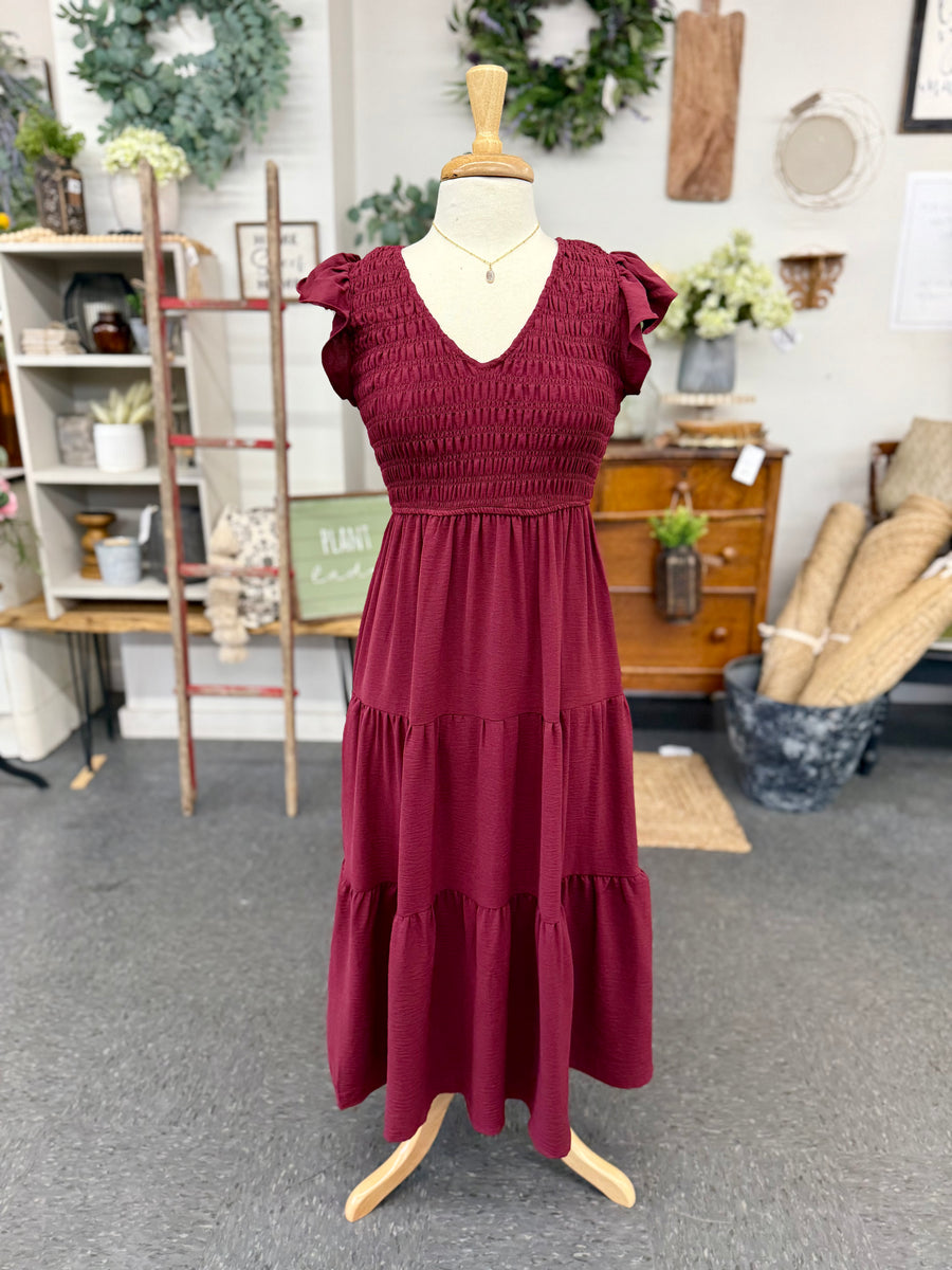 Flutter Sleeve Dress - Burgundy