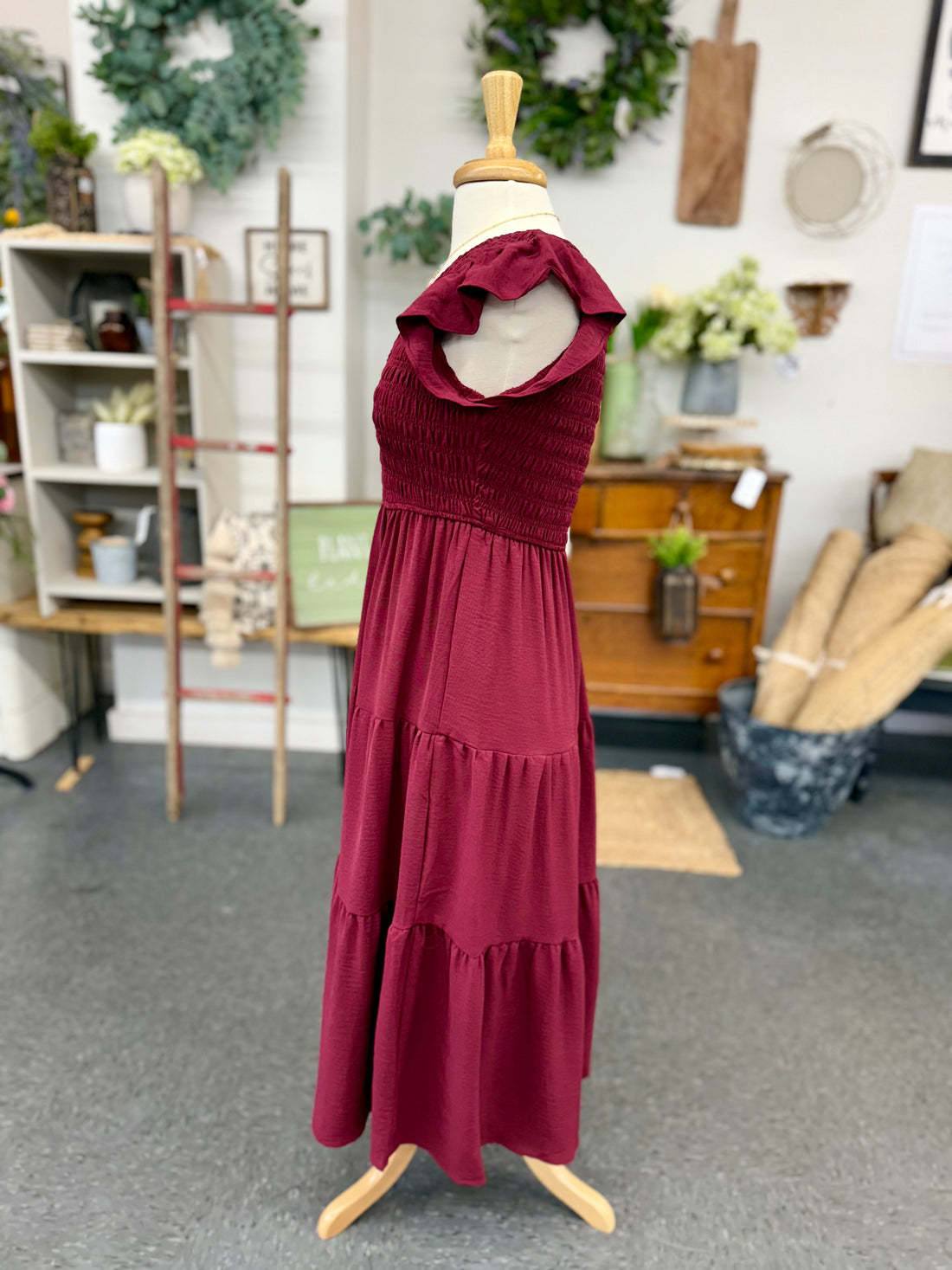 Flutter Sleeve Dress - Burgundy