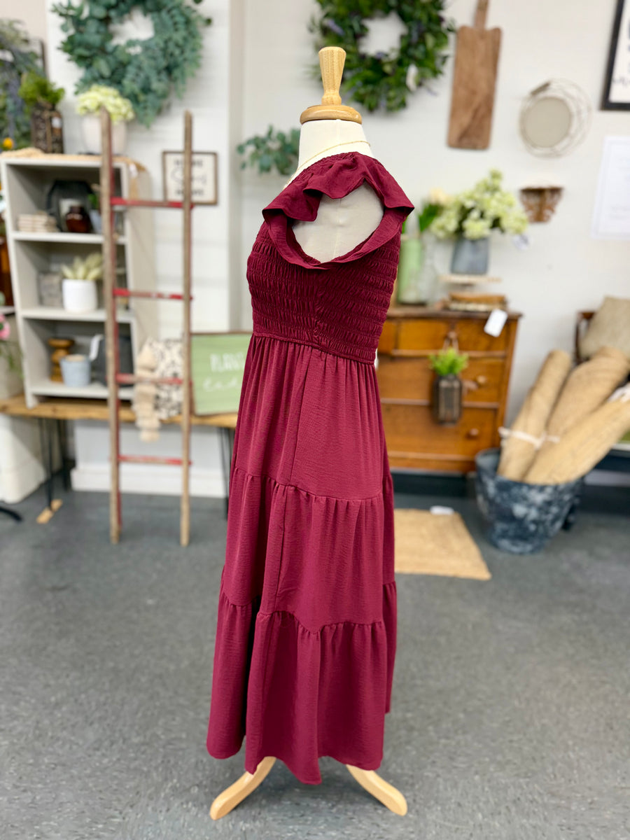 Flutter Sleeve Dress - Burgundy