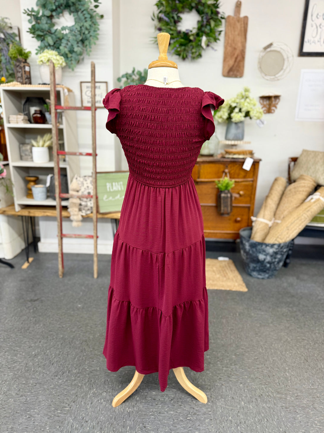 Flutter Sleeve Dress - Burgundy