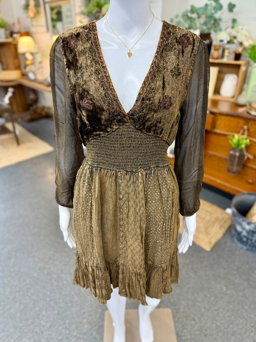 Amber Smocked Patchwork Dress with Artisan Embroidery