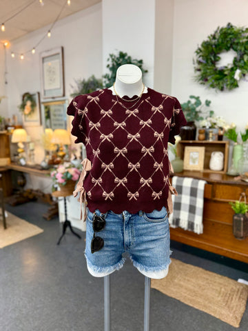 Bow Side Tie Knit Top - Burgundy