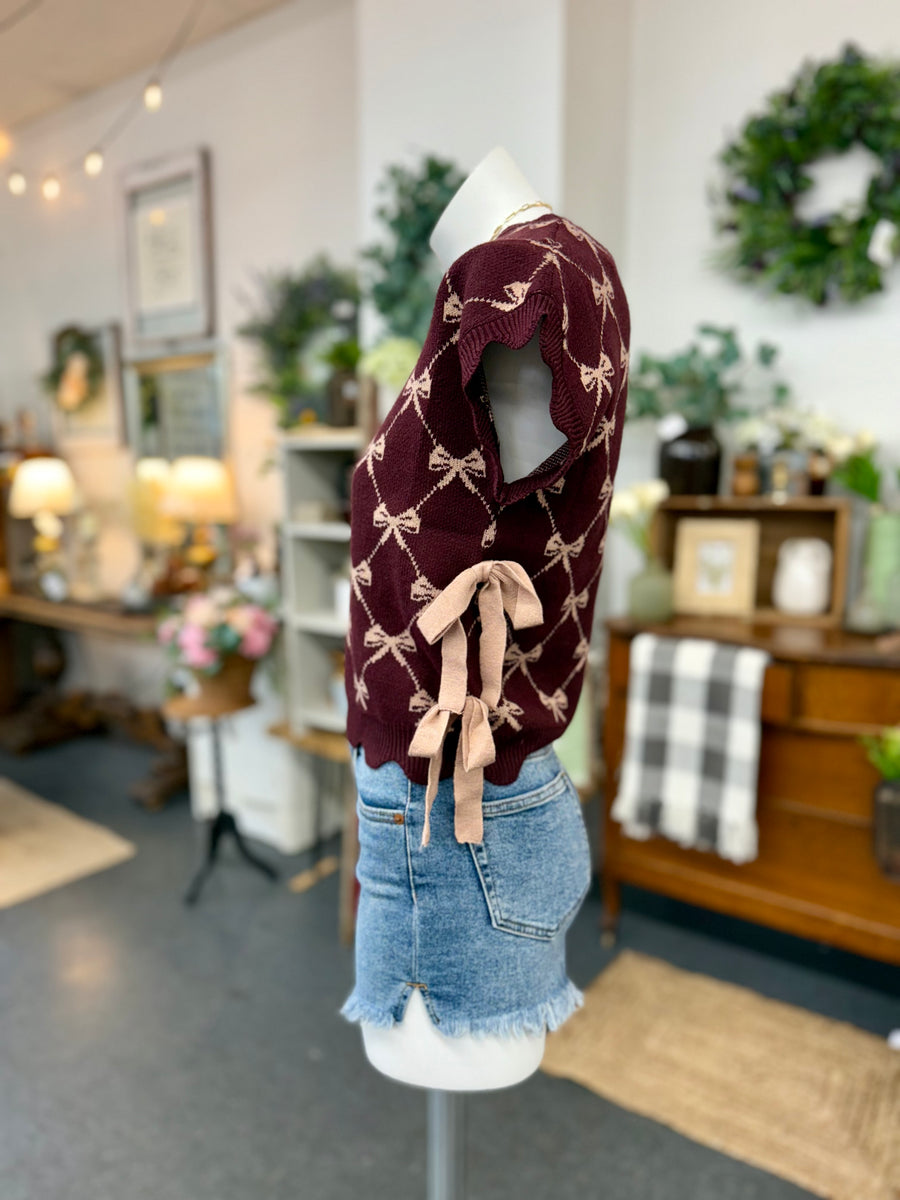 Bow Side Tie Knit Top - Burgundy