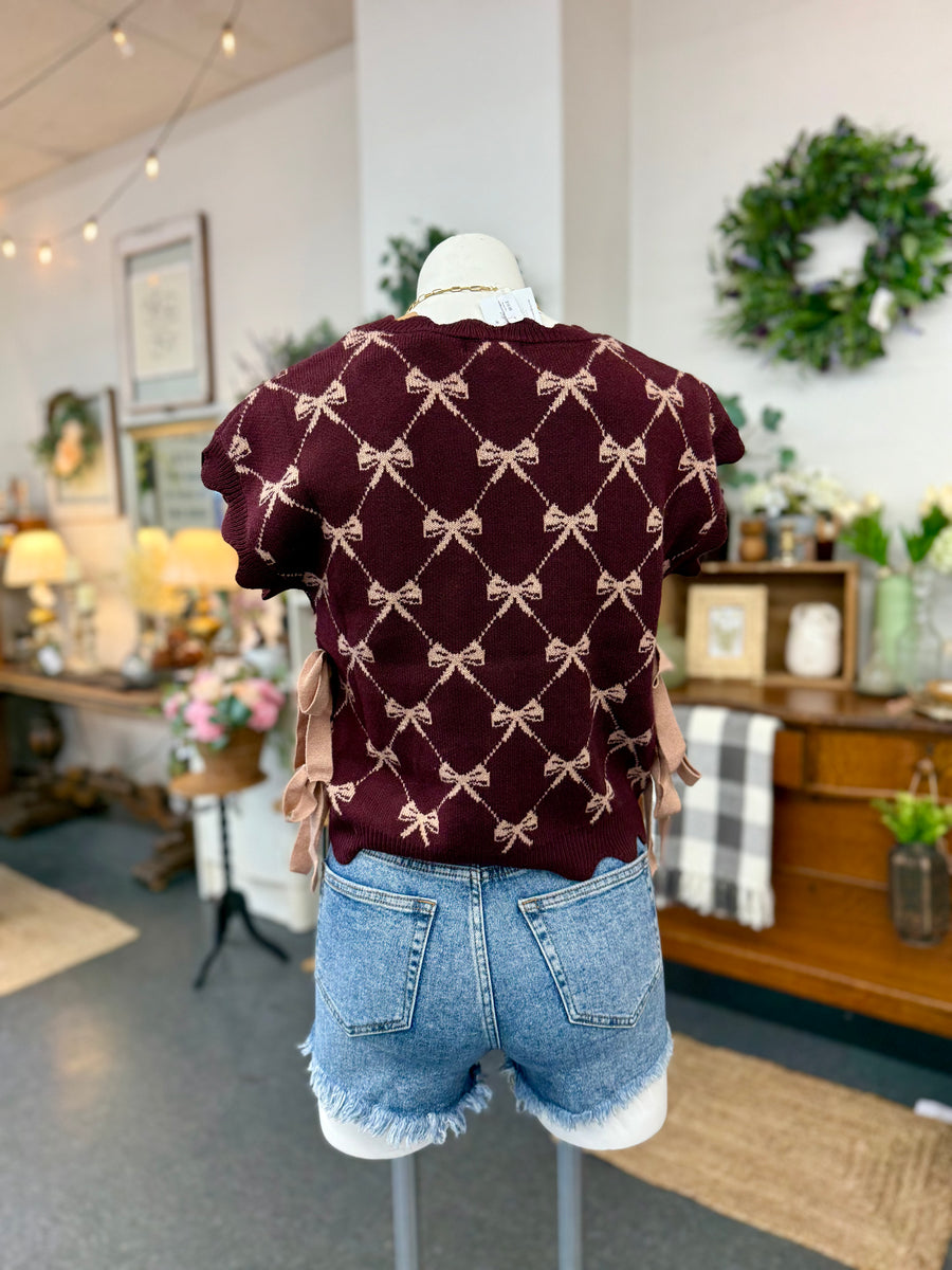 Bow Side Tie Knit Top - Burgundy